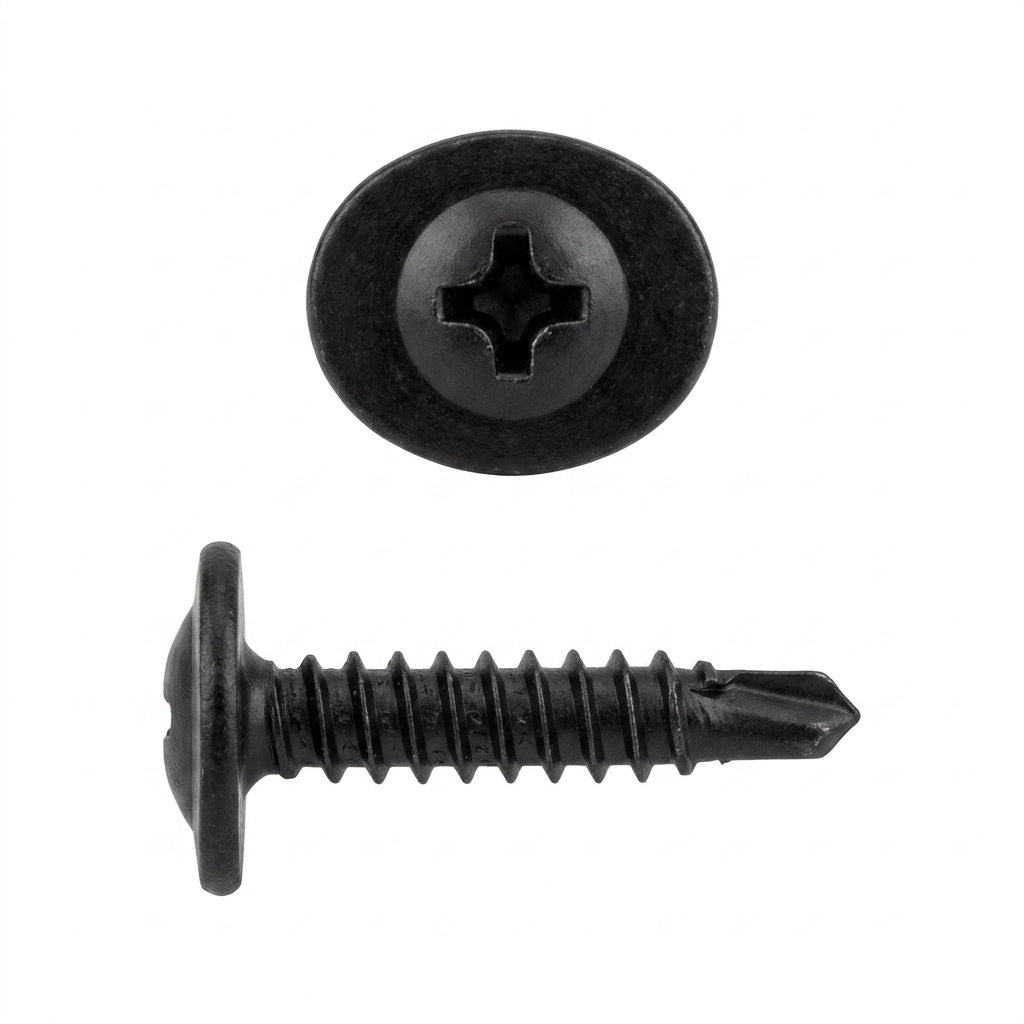 Black Finish Mounting Tek® Screws for G.M. - 8 x 3/4" - 7/16" O.D. Washer Size - Phillips Oval Washer Head (50 Pcs)