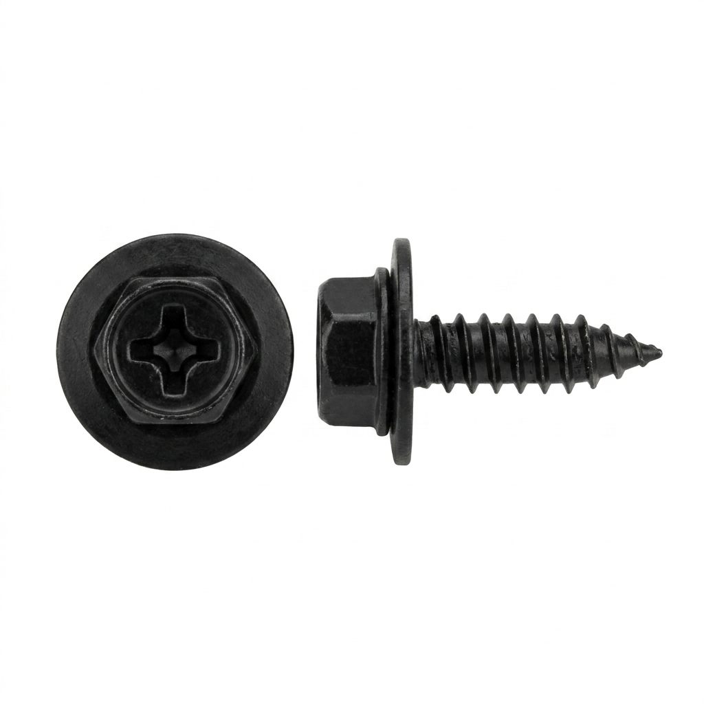 Black Finish Sheet Metal Screws for G.M. - 6.3 - 1.81 x 20mm - 10mm Indented Hex Head - 17mm O.D. Loose Washer - Replaces G.M. # 11505022 (50 Pcs)