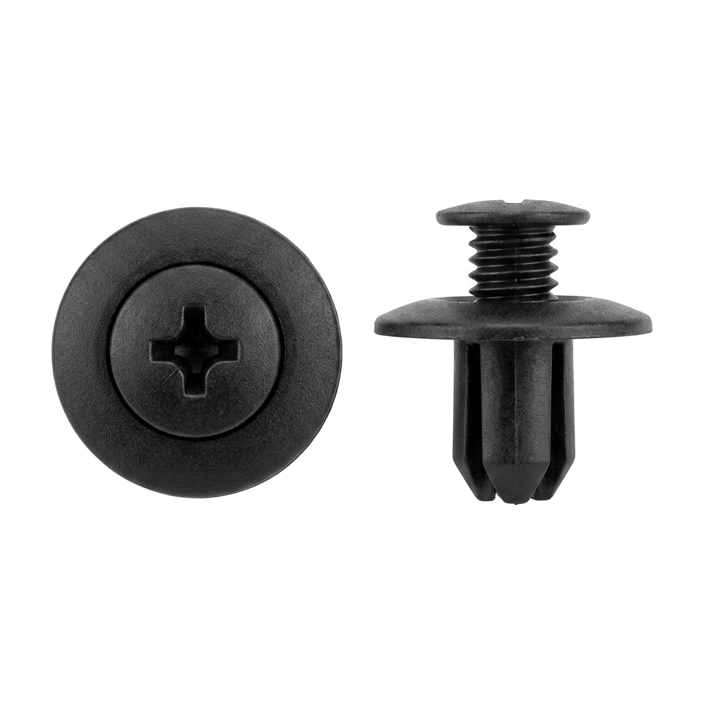 Phillips Screw Retainers in Black Nylon for Ford / Mazda - 8mm (5/16") Hole Size - 12mm Stem Length - 18mm Flange Diameter - Replaces Ford # MB-455-56143, Mazda # B092-51-833 (10 Pcs)