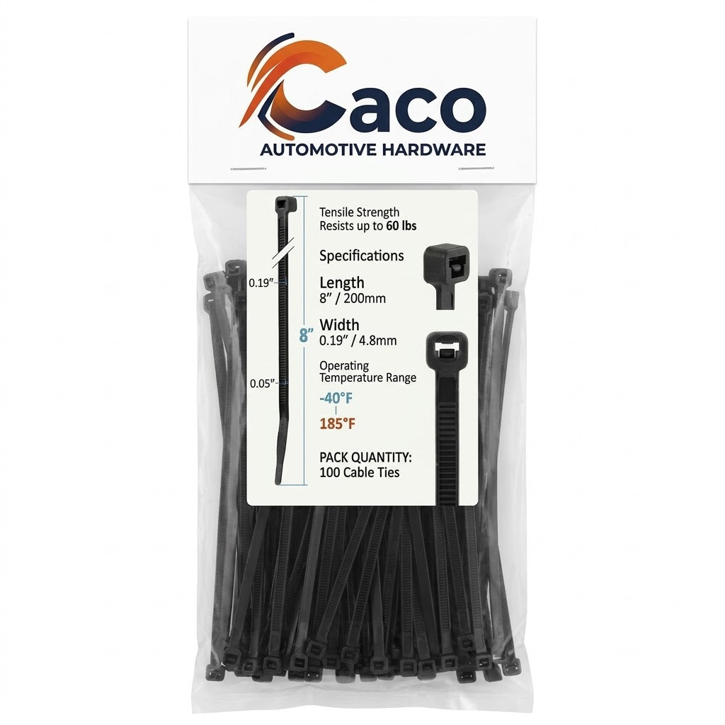 Caco Heavy-Duty Black Zip Ties 8" (60 lbs) - 100 Pack